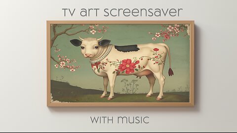 Whimsical Tattooed Cow and Blossoms: Relaxing Celtic Music TV Frame Art Screensaver