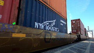 CN 3113 & CN 2541 Engines Intermodal Train In Ontario Sun