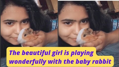 The beautiful girl is playing wonderfully with the baby rabbit