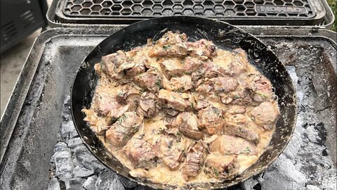 Grilled steak bites in mushroom cream sauce