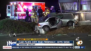 Car exiting freeway goes airborne, slams into mall sign in Mission Valley