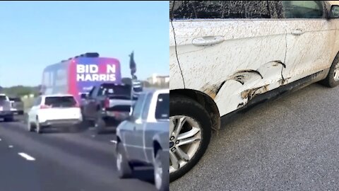 Biden Staffer Tries To Force Trump Truck Out Of Lane And Gets Sideswiped (Multiple Angles)