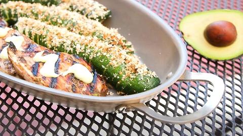 Jerk Chicken with Grilled Hasselback Zucchini and Avocado Dipping Sauce