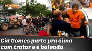 Gringo não acredita:pilotando retroescavadeira, Cid Gomes avança sobre bloqueio grevista e é baleado