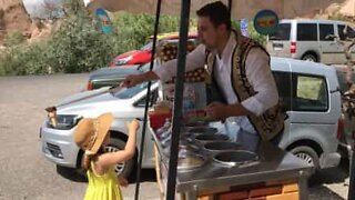 Little girl loves the ice cream experience in Turkey!