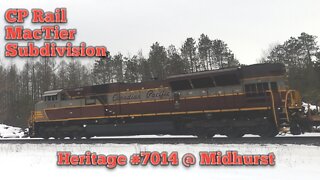 CP Rail Mactier Subdivision @ Midhurst 8075 N with 8789 and trailing is heritage 7014. Feb.7, 2022