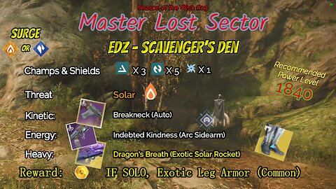 Destiny 2 Master Lost Sector: EDZ - Scavenger's Den on my Arc Warlock 2-21-24