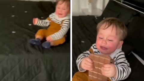 Kid is overjoyed when he got his whole chocolate