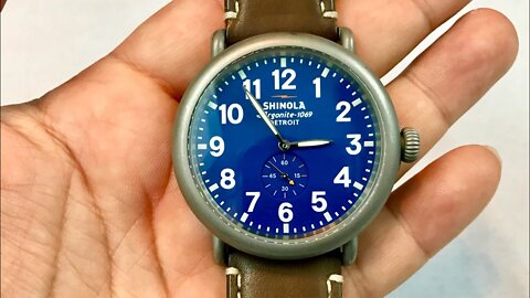 The sandblasted stainless steel 47mm Shinola Runwell Royal Blue Dial & Nut Brown Leather Watch