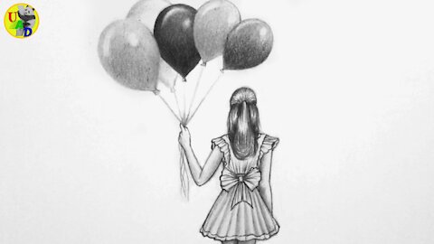 Girl Holding Beautiful Balloons Pencil Drawing