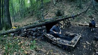 Camping, building wood and rock forest houses and fireplaces, quail cooking - survival, DIY $$ 19