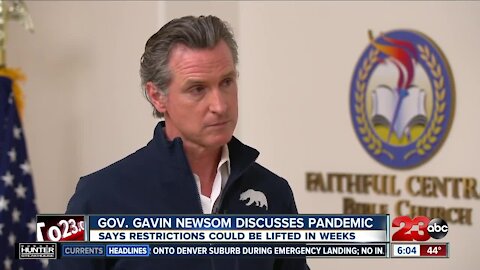 Governor Gavin Newsom dicusses pandemic, says restrictions could be lifted in weeks