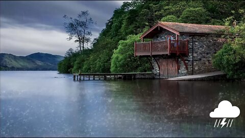 Heavy rain by a beautiful boathouse, nature sounds to help you reach a deep sleep