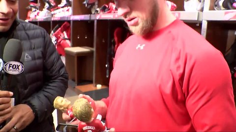 Justin Abdelkader celebrates second bobblehead night