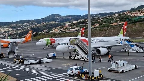Air Portugal landing at Funchal Airport, Madeira & taxis right past us & parks. Plane Spotting.