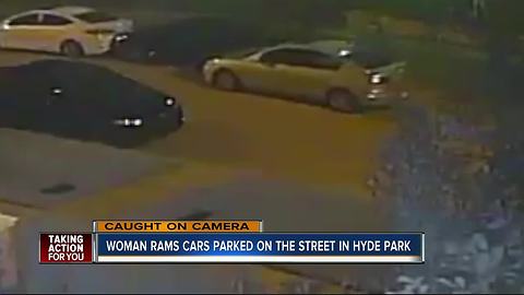 Surveillance video shows woman hitting parked cars in Hyde Park