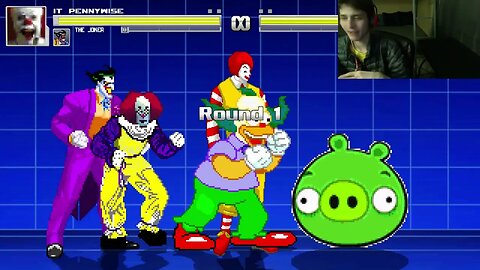 Clown Characters (The Joker, Pennywise, And Ronald McDonald) VS The Minion Pig In A Battle In MUGEN