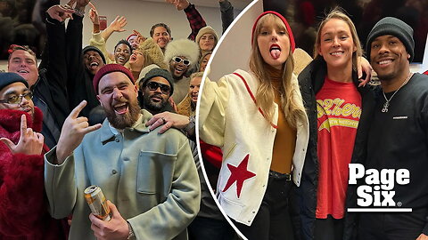Taylor Swift and Travis Kelce celebrate Chiefs' win with friends — and plenty of champagne