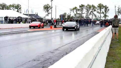 twin turbo lambos run side by side 7s in the 1/4 mile at gtr world cup