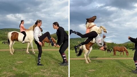 Horse Majestically Jumps Simultaneously With Girl's Backflip