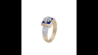 14K Gold Square Christian Ring with 29 Diamonds and Blue Enamel