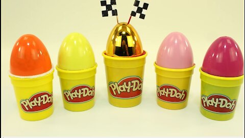 Surprise Eggs in Play Doh Cans Learn Colors Kinetic Sand Molds Disney Cars Toys