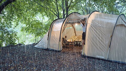 Camping Vlog. The sound of powerful rain pouring down in an instant. Heavy rain Camping