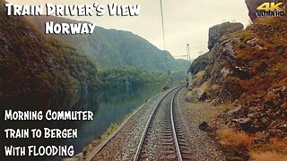 4K CABVIEW: Morning commuter train to Bergen with flooding