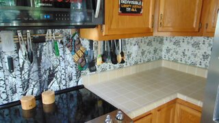 How Did She Do That - $5 Backsplash, $15 Pot Rack, $20 Countertop–Tuesday Talk–The Hillbilly Kitchen