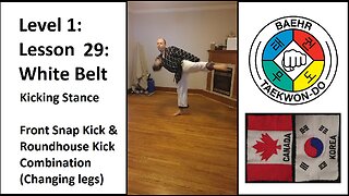 Baehr Taekwondo: 01-29: White Belt: Kicking Stance - Front Kick and Roundhouse Kick Combo