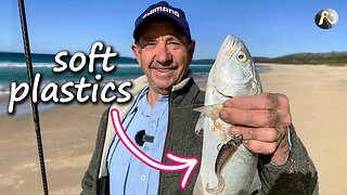 Beach Fishing with SOFT PLASTICS: Finding Fish - BIG FIGHT!