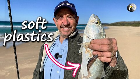 Beach Fishing with SOFT PLASTICS: Finding Fish - BIG FIGHT!
