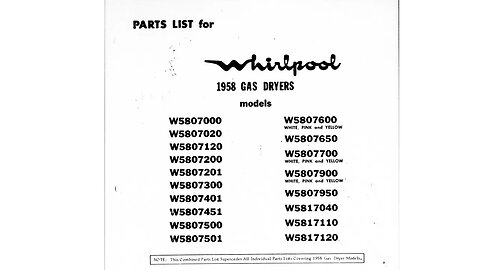 Whirlpool part schematic 1958 & 1959 gas dryer, gas refrigerator, electric refrigerator