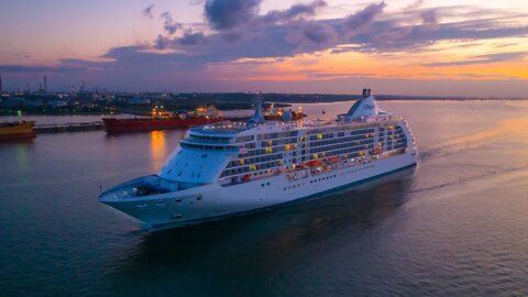 Regent seven seas Voyager cruise ship departing Southampton 23/06/2022 4k drone ariel footage