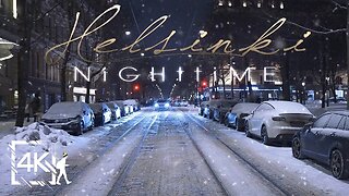 Helsinki Night Walk Street Photography in Snow (Punavuori), Finland 4K