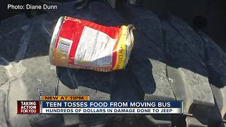 Student throws a can of Chef Boyardee out of a moving school bus window, hitting vehicle