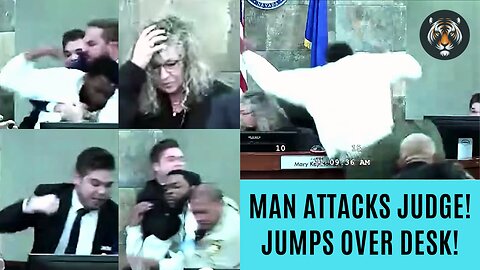 Man attacks judge - Jumps over desk - Fights court clerks - Mentally ill felon - Woman Judge