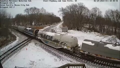 SB Manifest with NS and KCS Power at Iowa Falls, IA on February 24, 2023