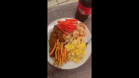 Dinner - hot chicken strips, shrimp, eggs, hot Cheeto and hot veggies straws