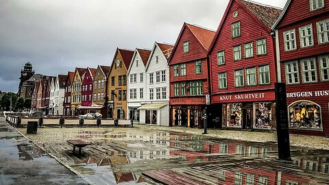A Rainy day at picturesque Bryggen in Bergen Norway