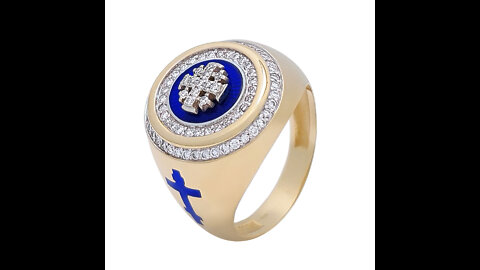 14K Gold Men's Jerusalem Cross Signet Ring Diamonds and Blue Enamel
