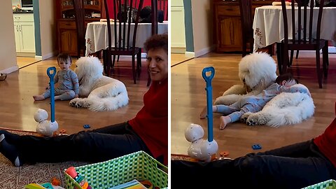 Baby loves hugging the family dog