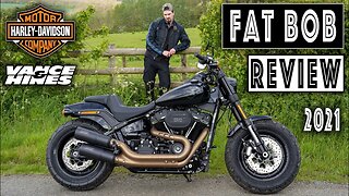 Harley-Davidson Fat Bob Review. 2021, 114 cruiser motorcycle with Vance & Hines Hi-Output Slipons