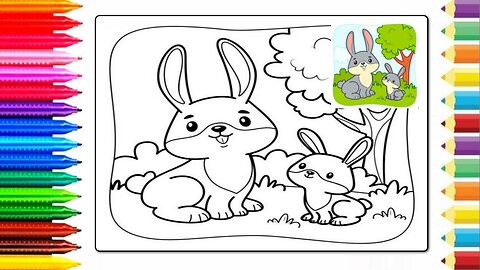 coloring drawing - Drawing and coloring of a rabbit and its baby in nature