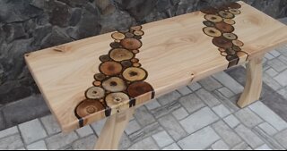 Ash wood bench with fruit trees branches inlay