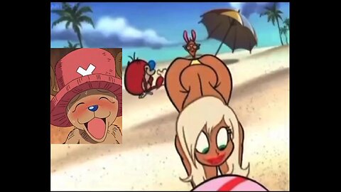 Ren and Stimpy at the beach with lady big boobs big butt