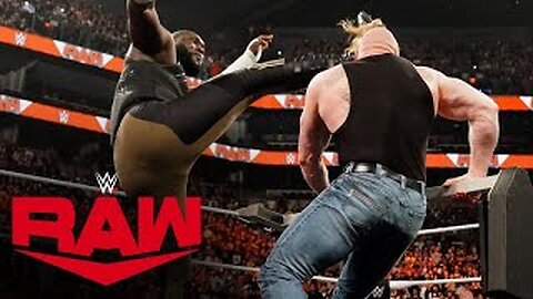 Omos hits a devastating kick on Brock Lesnar during a pre-WrestleMania brawl- Raw, March 27, 2023