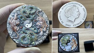 Double Dragon and Double Tiger with Yin Yang 2023 5oz Silver Antiqued Coloured Coin