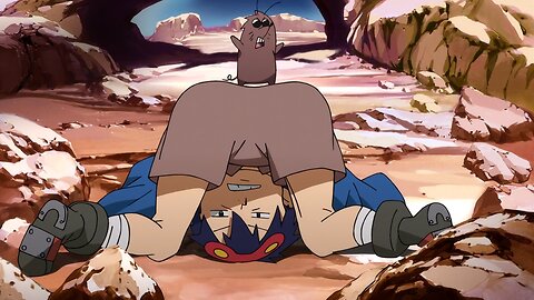 Gurren Lagann - Kamina throwing boulders at Simon