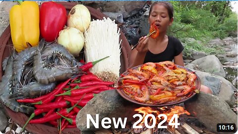 2024 Cooking Shrimp Curry Spicy with Bell peppers for Food - Survival skills Anywhere Ep 87
